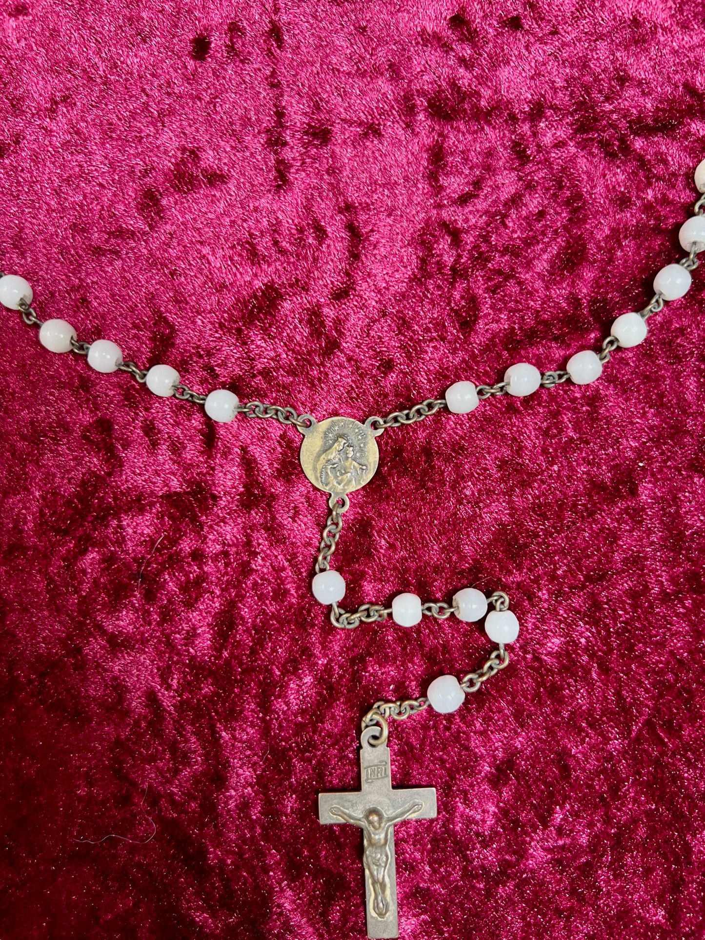 Vintage Jewelry - Italian Rosary - Shiny White Beads with Brass Tone Cross - 18"