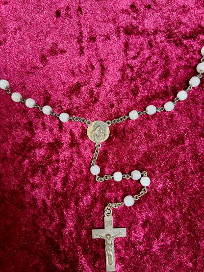 Vintage Jewelry - Italian Rosary - Shiny White Beads with Brass Tone Cross - 18"