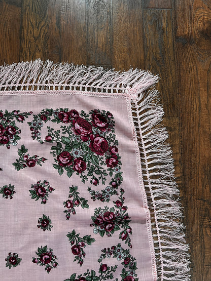 Vintage Kashmir Woole Floral Fringe Scarf - Pink Rose Square Wrap Bohemian Style