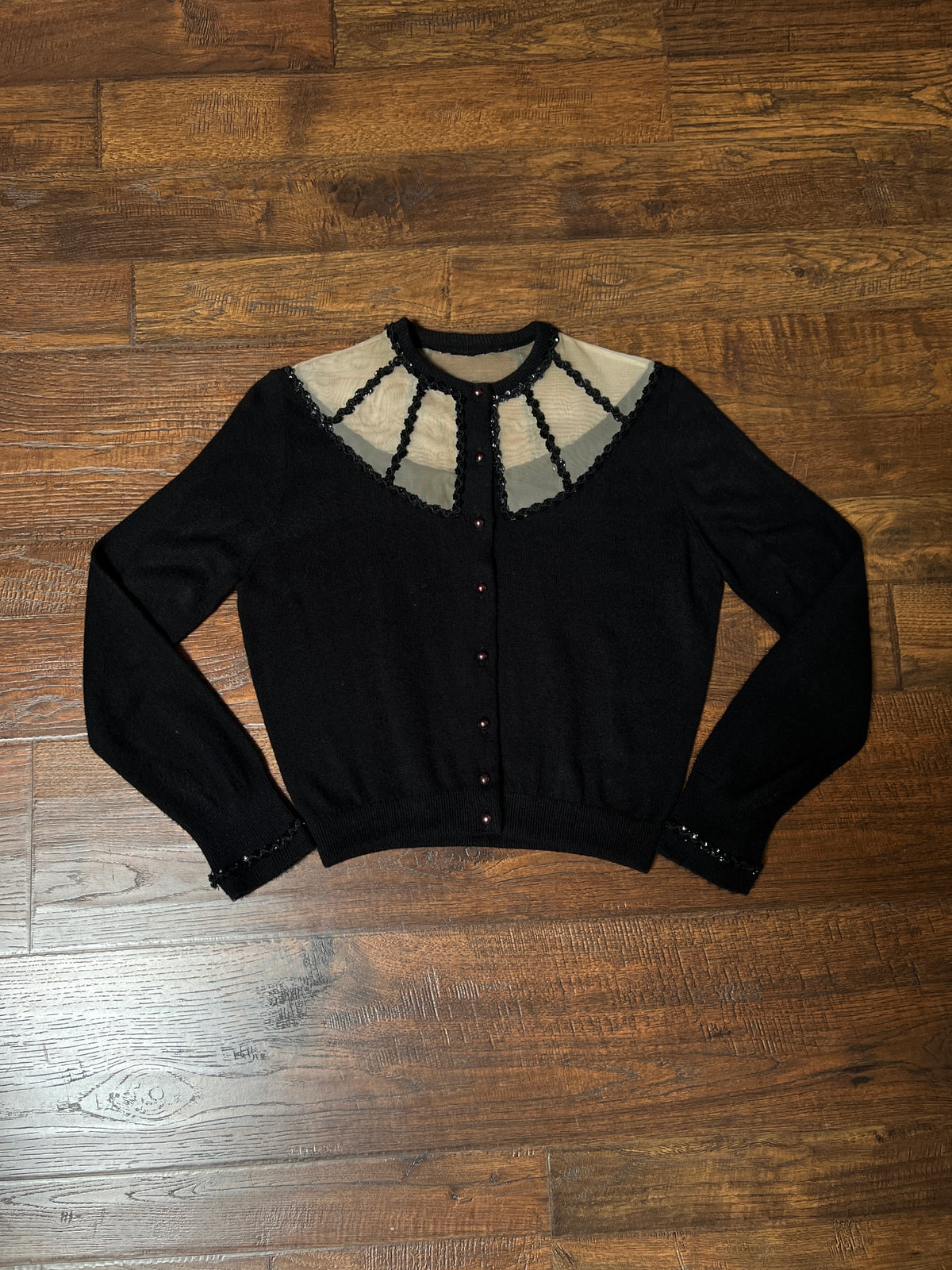 Vintage 1960s Knit Cardigan - Black Sheer Illusion Sequin Yoke with Metal Buttons - Size Medium