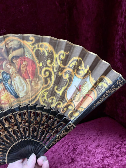 Vintage Mid Century Painted Wood Folding Fan – Double-Sided European Court Scenes