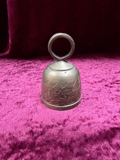Vintage Engraved Brass Bell – Floral Etching + Ring Handle