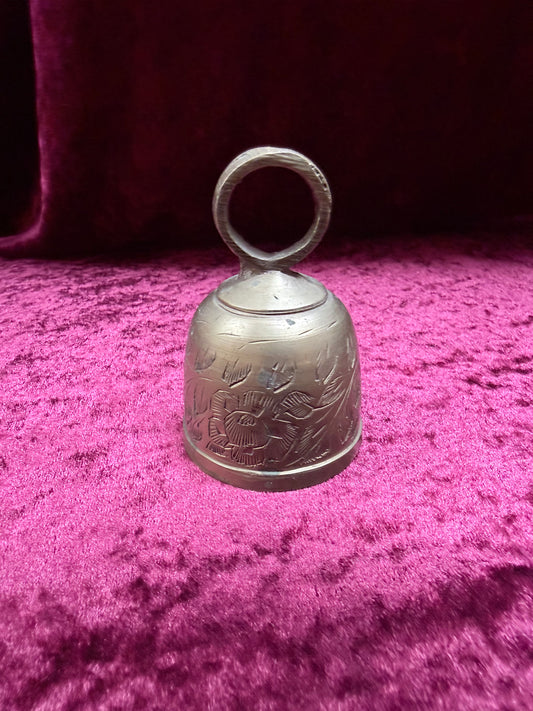 Vintage Engraved Brass Bell – Floral Etching + Ring Handle