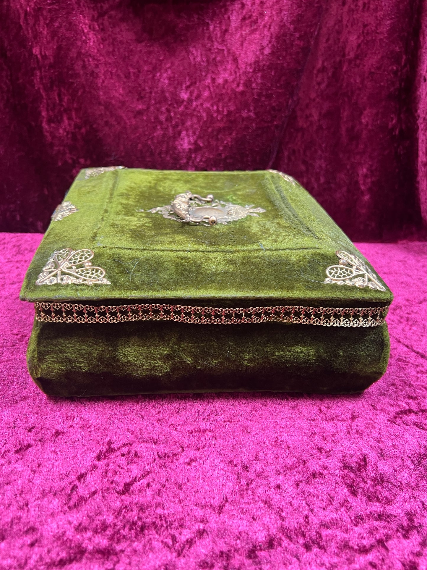 Antique Vanity Decor - French Musical Perfume Box - Green Velvet - Gold Metal Trim
