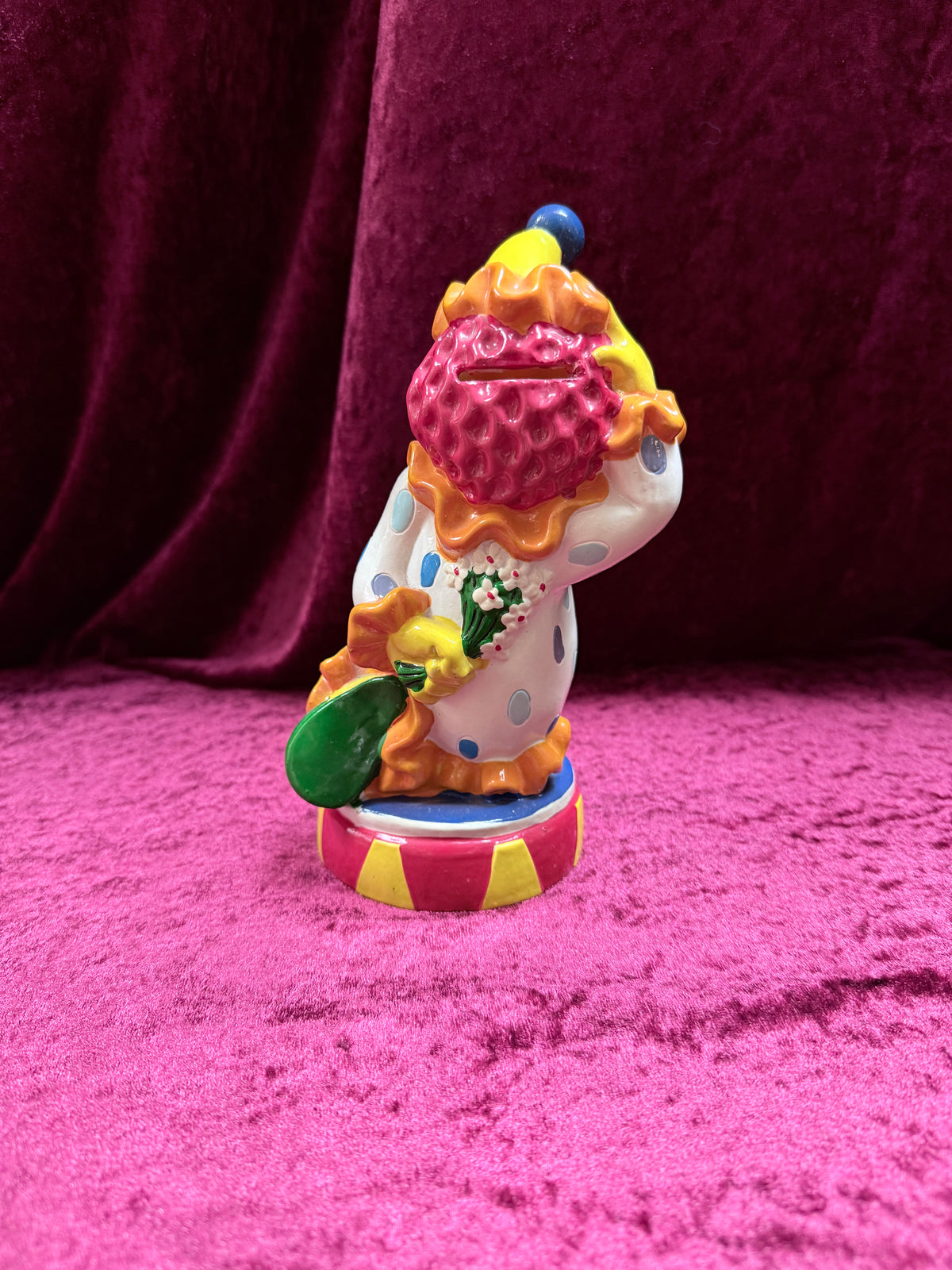Vintage Vinyl Clown Piggy Bank – Polka Dot Costume + Circus Base