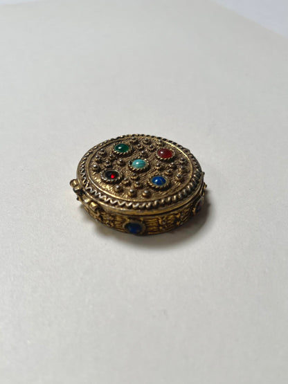 Vintage Trinket Box - Brass Pill Box - Round - Multicolor Gem Stones