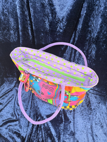 Vintage Canvas Laurel Burch Tote Bag – Kindred Spirits Faces with Purple Handles