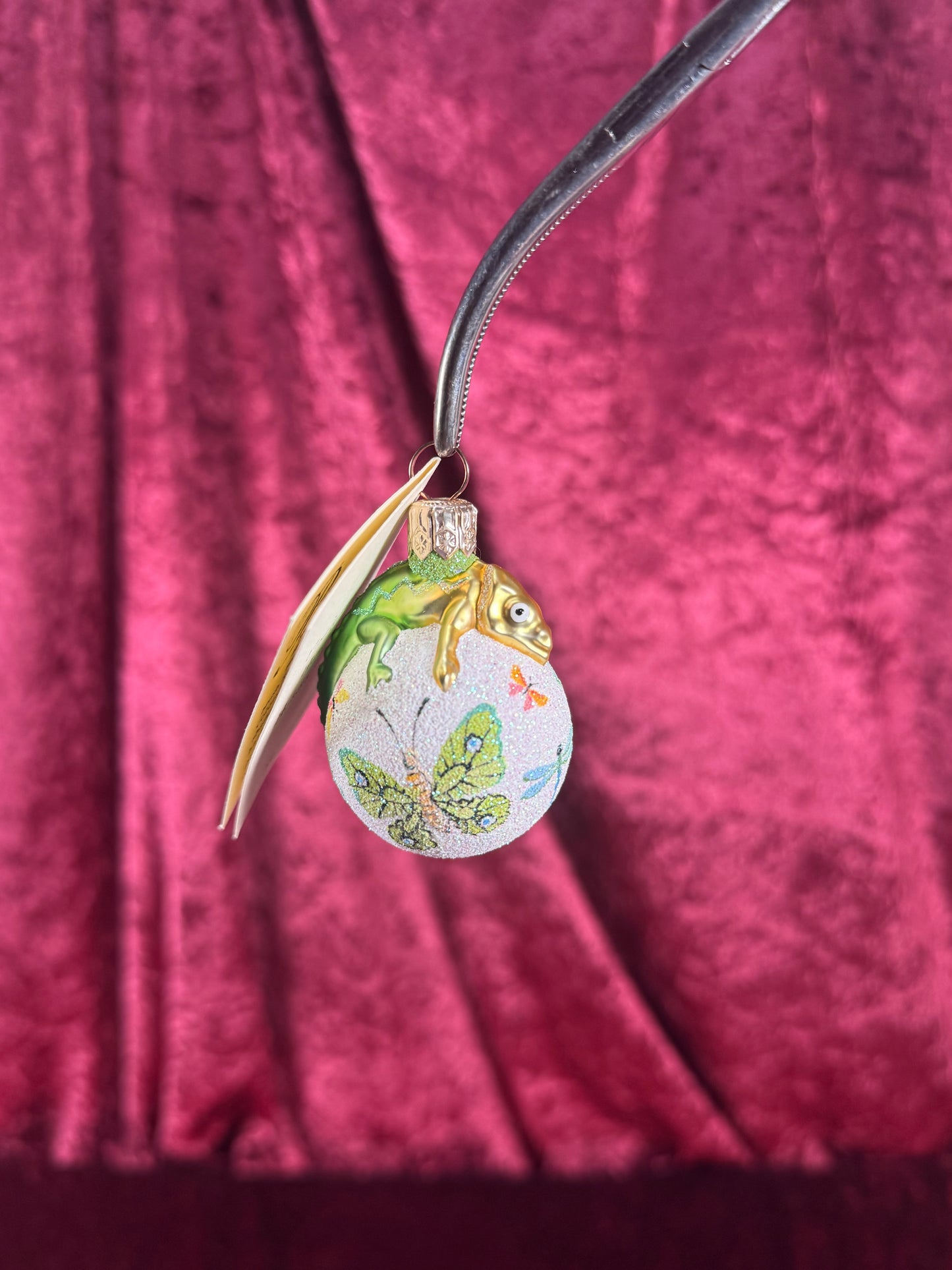 Vintage Christmas - Handblown Glass Clip On Ornament - Spring Chameleon and Butterflies - Patricia Breen - Poland