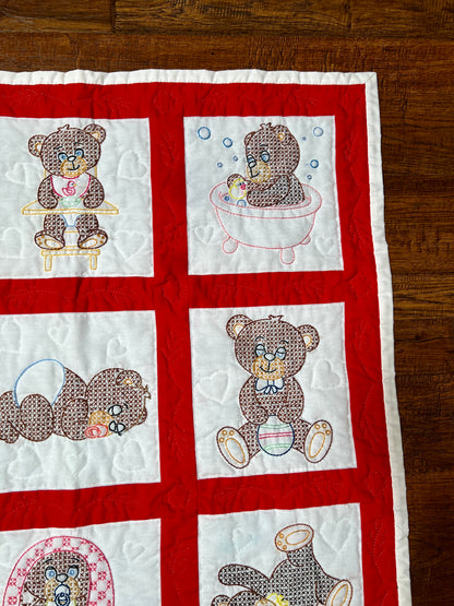 Vintage Cotton Baby Quilt – Anthropomorphic Teddy Bear Patchwork Nursery Blanket