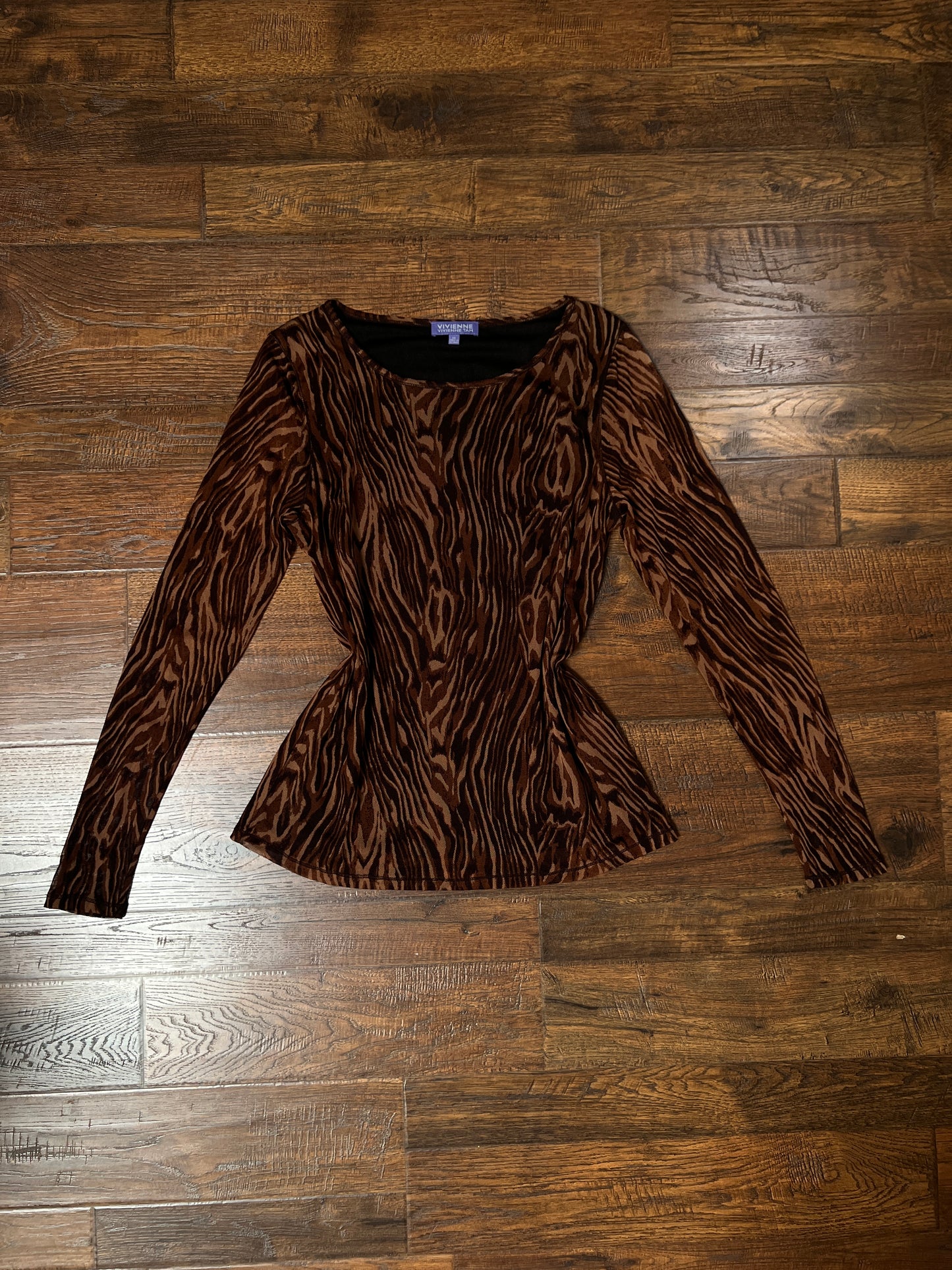 Vintage Vivienne Tam Mesh Long Sleeve Top - Brown Tiger Stripe Layered - Size X-Large