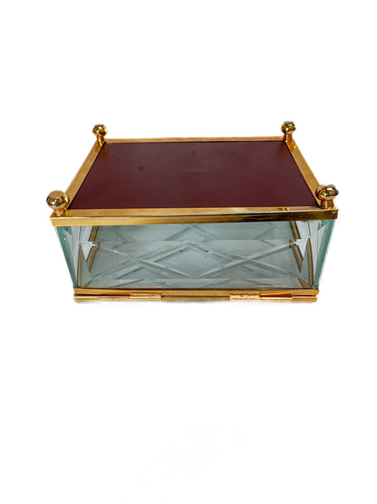 Vintage Jewelry Box - Pillow Cut Beveled Glass - Mirrored Bottom - Brass Feet