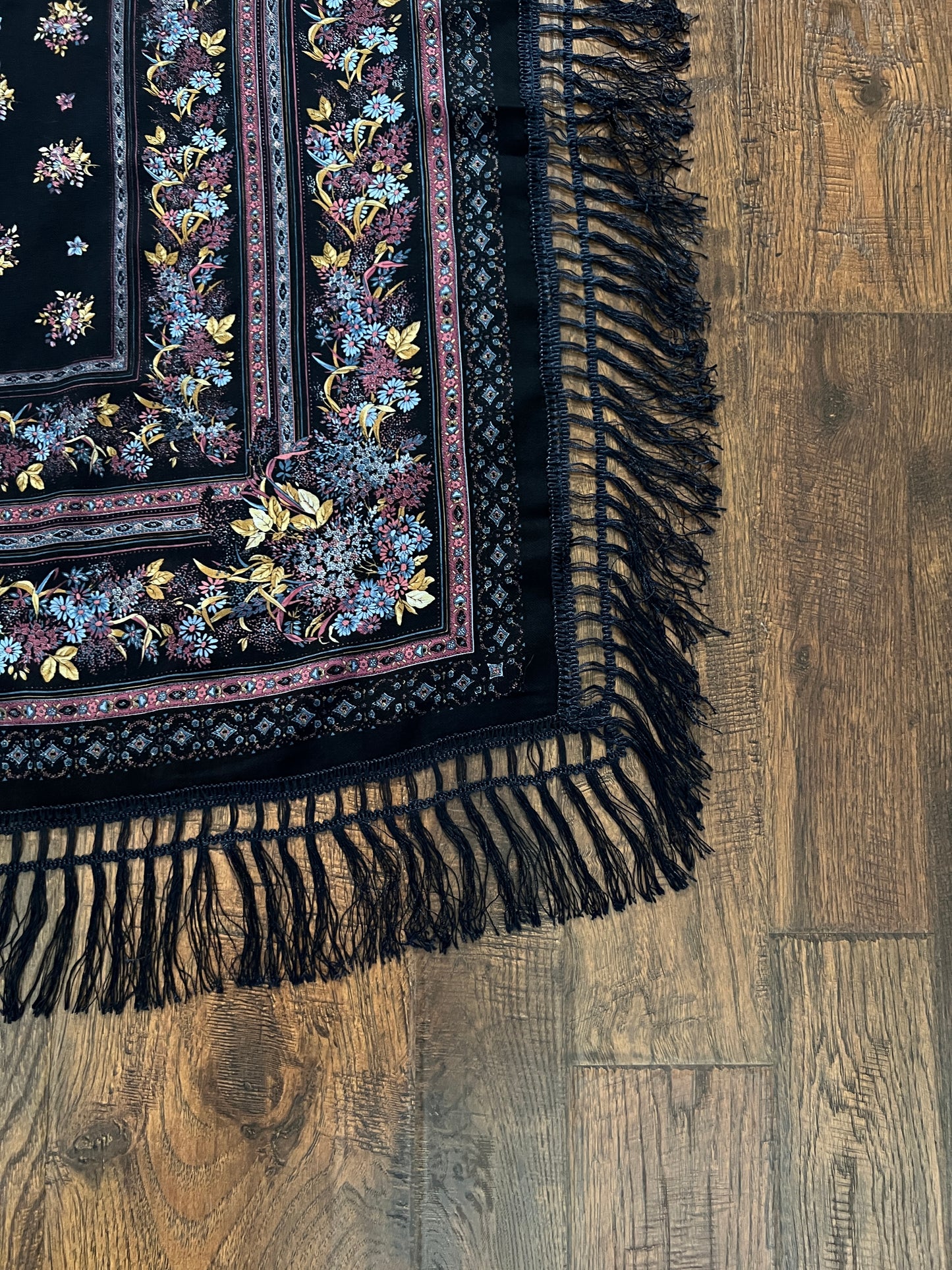 Vintage Kashmir Woole Floral Fringe Scarf - Dark Blue Square Wrap Bohemian Style