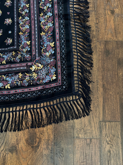 Vintage Kashmir Woole Floral Fringe Scarf - Dark Blue Square Wrap Bohemian Style