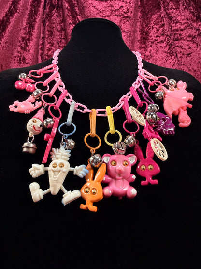 Vintage 1980s Plastic Chain Charm Necklace - 12 Bell / Googly Eyes Charms - Pink & Purple