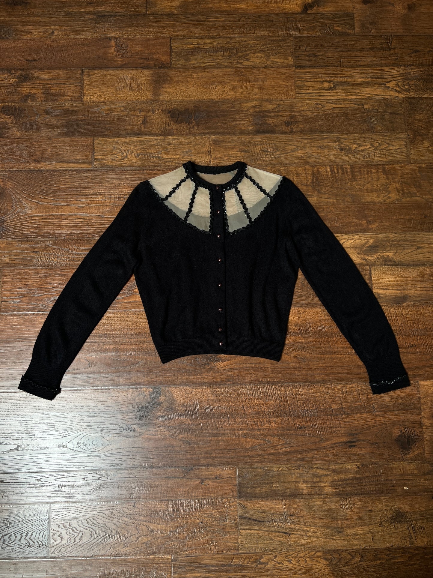 Vintage 1960s Knit Cardigan - Black Sheer Illusion Sequin Yoke with Metal Buttons - Size Medium