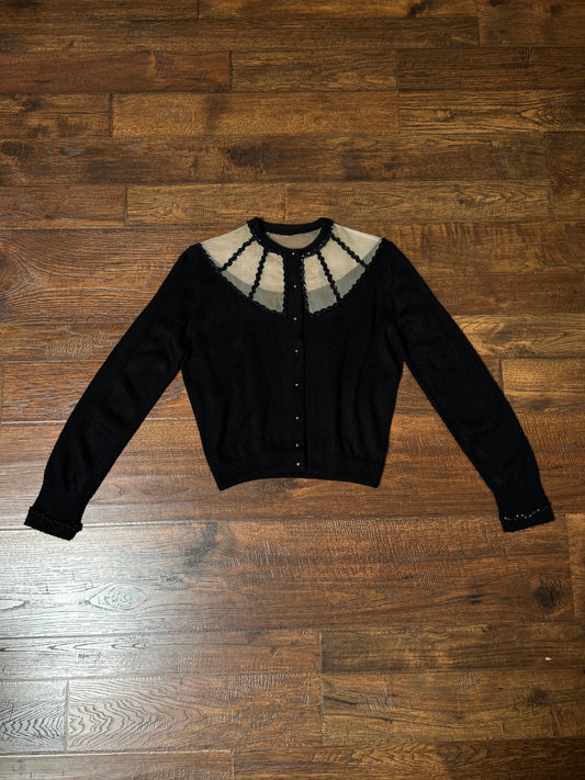 Vintage 1960s Knit Cardigan - Black Sheer Illusion Sequin Yoke with Metal Buttons - Size Medium