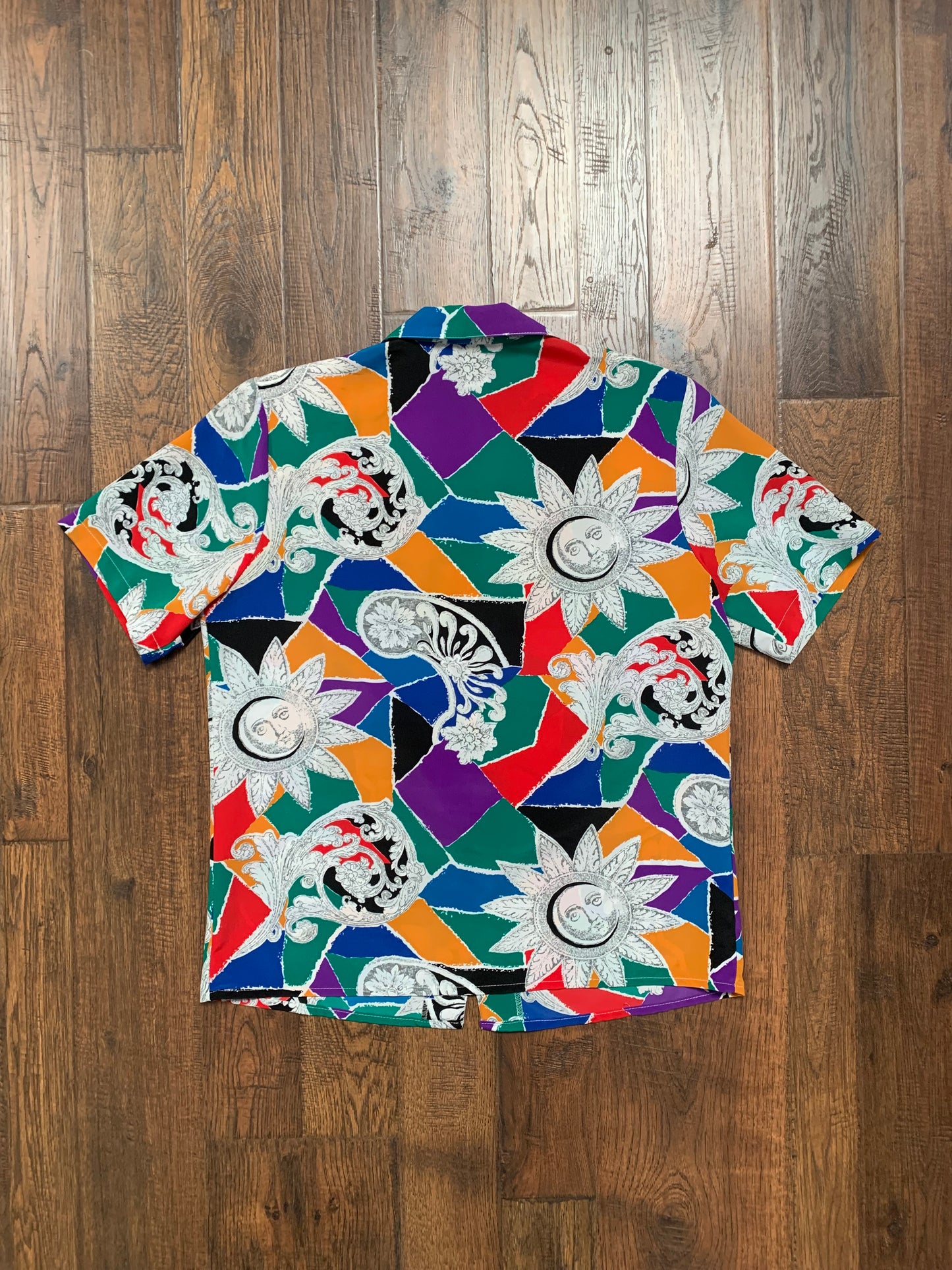 Vintage Clothing - Short Sleeve Button Up - Jewel Tone Kaleidoscope with Sun Faces - Impressions of California - Medium