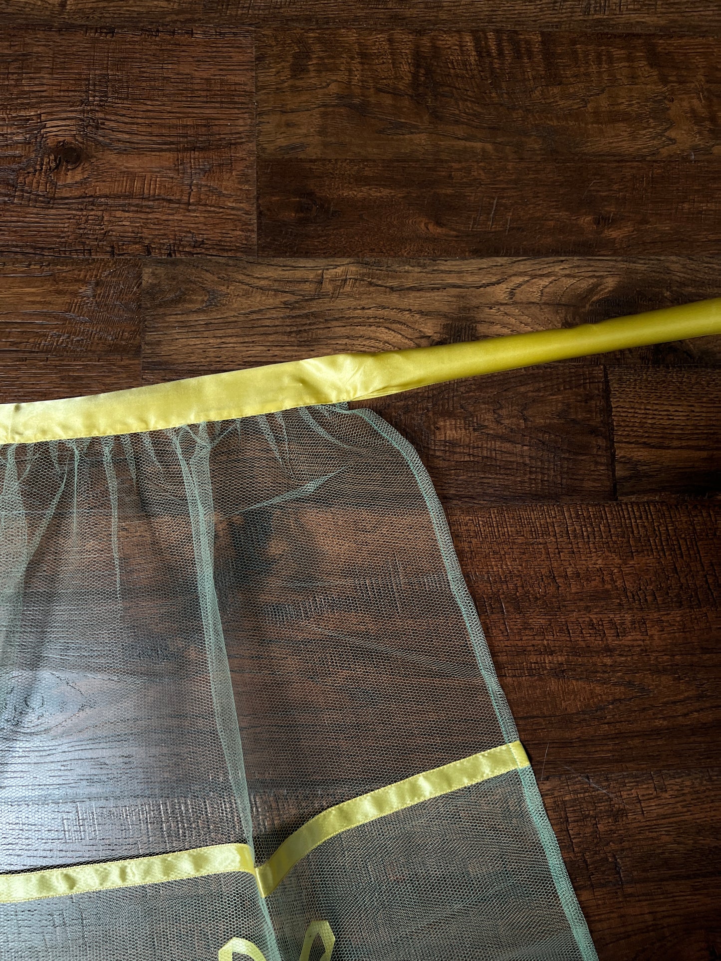 Vintage Handmade Green Tulle Half Apron — Mid Century Yellow Satin Ribbon Bows