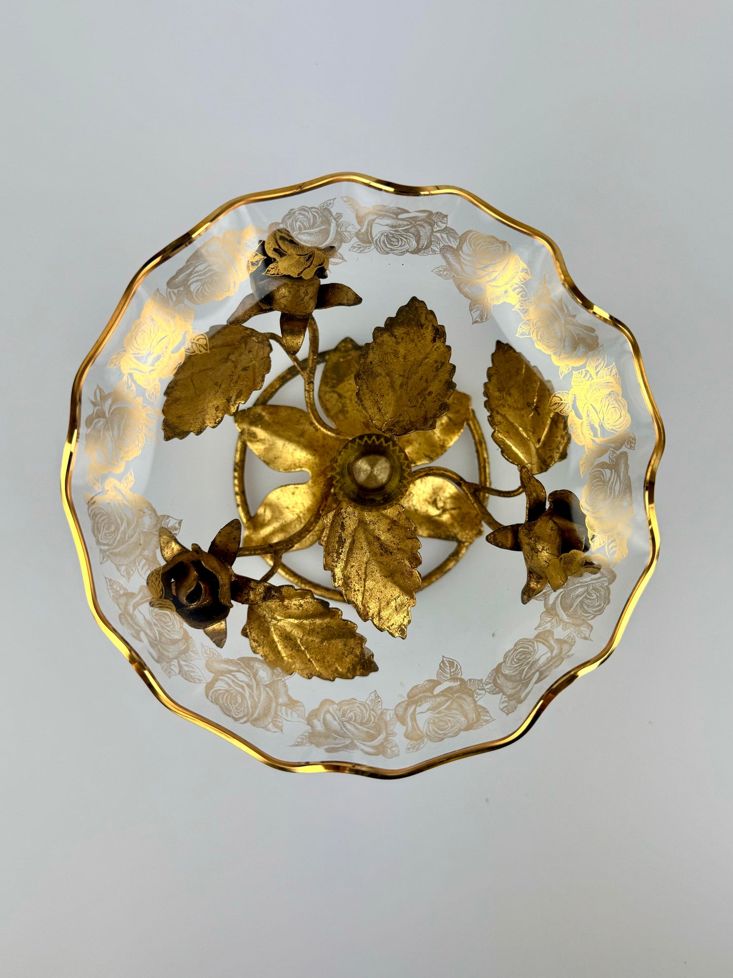 Vintage 1950s Italian Pedestal Candy Dish w/ Gold Roses - Hollywood Regency 22k Gilt Glass