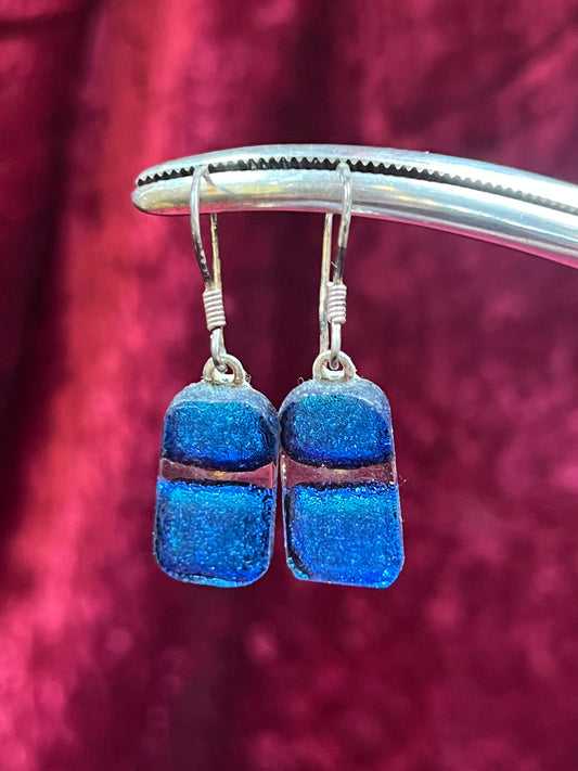 Vintage Jewelry - Drop Earrings - Blue and Black Glass Art Tiles
