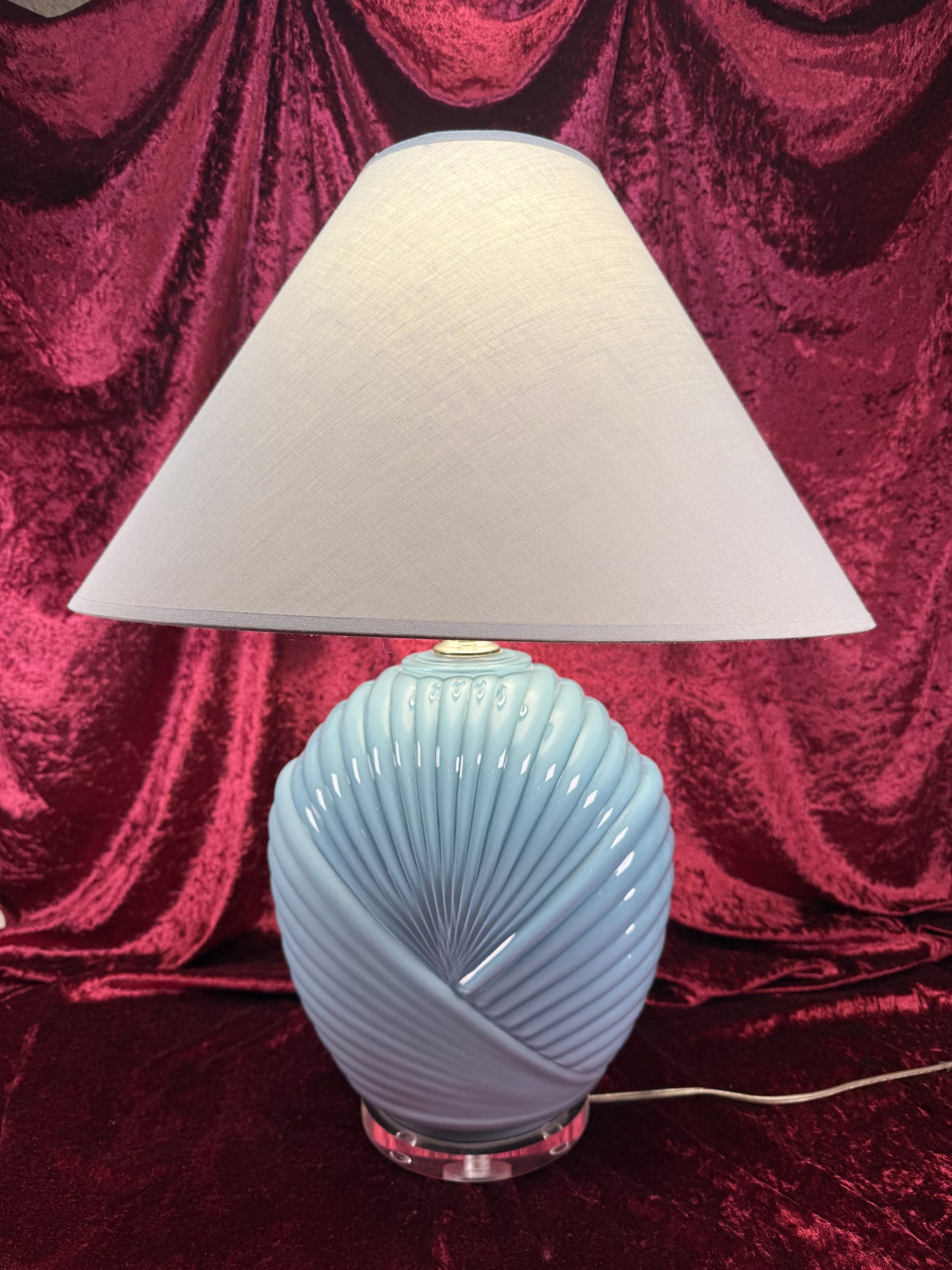 Vintage Lighting - Tabletop Lamp - 1980s Art Deco Revival Shell Pattern - Dusty Blue