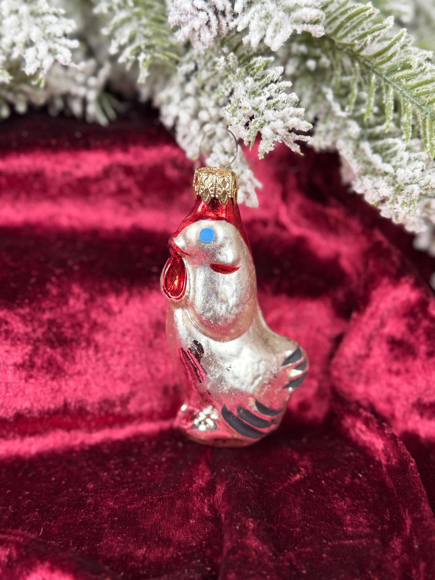 Vintage Christmas - Handblown Glass Ornament - Silver Rooster