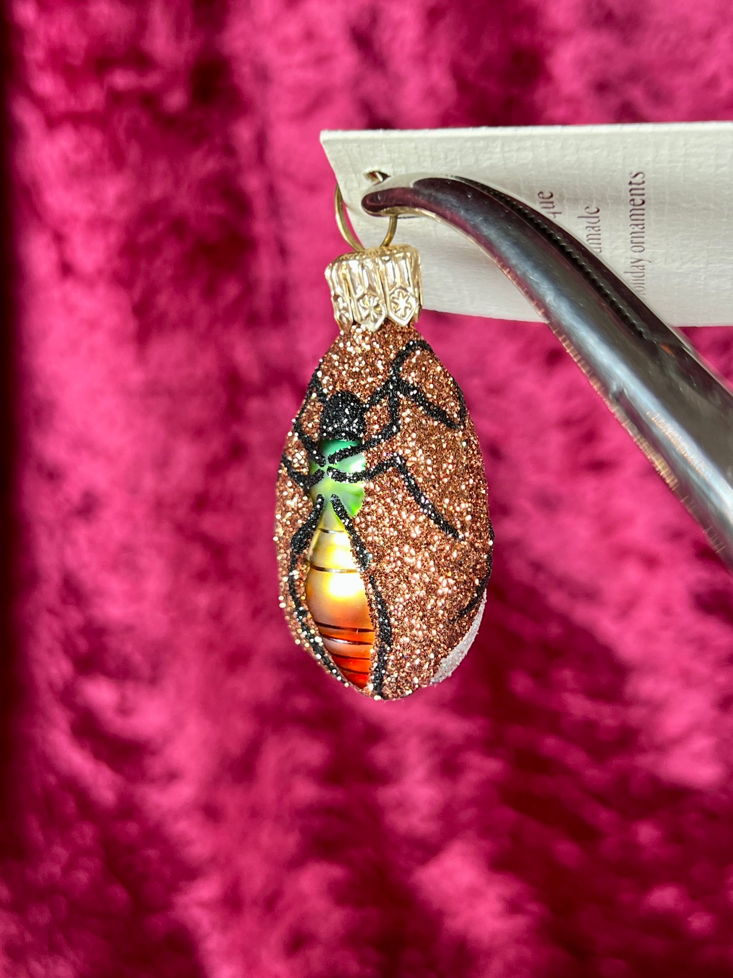 Vintage Christmas - Handblown Glass Ornament - Flying Insect - Green / Yellow on Orange Glitter - Patricia Breen