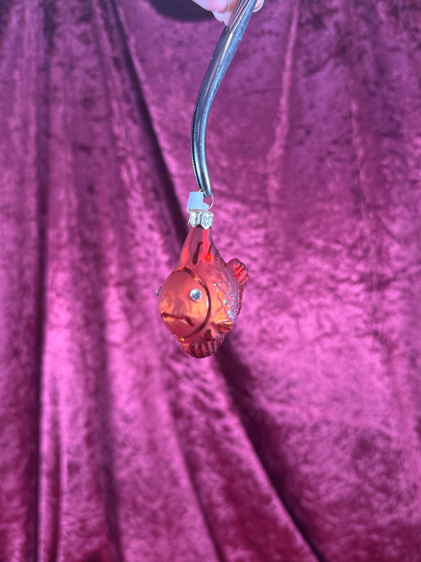 Vintage Christmas - Handblown Glass Ornament - Red Rhinestone Eyes Fish - Poland