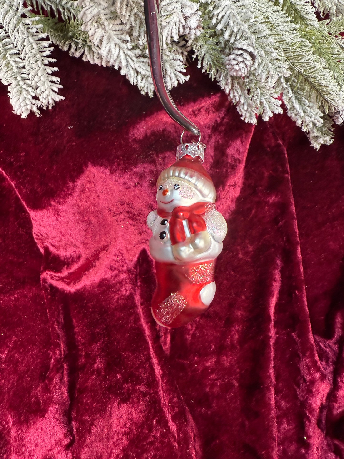 Vintage Christmas - Handblown Glass Ornament - Snowman In A Stocking - Department 56