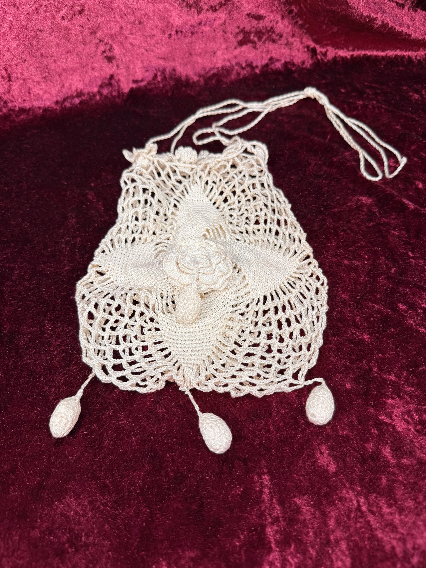 Vintage Crochet Lace Handbag – Floral Drawstring Reticule Style