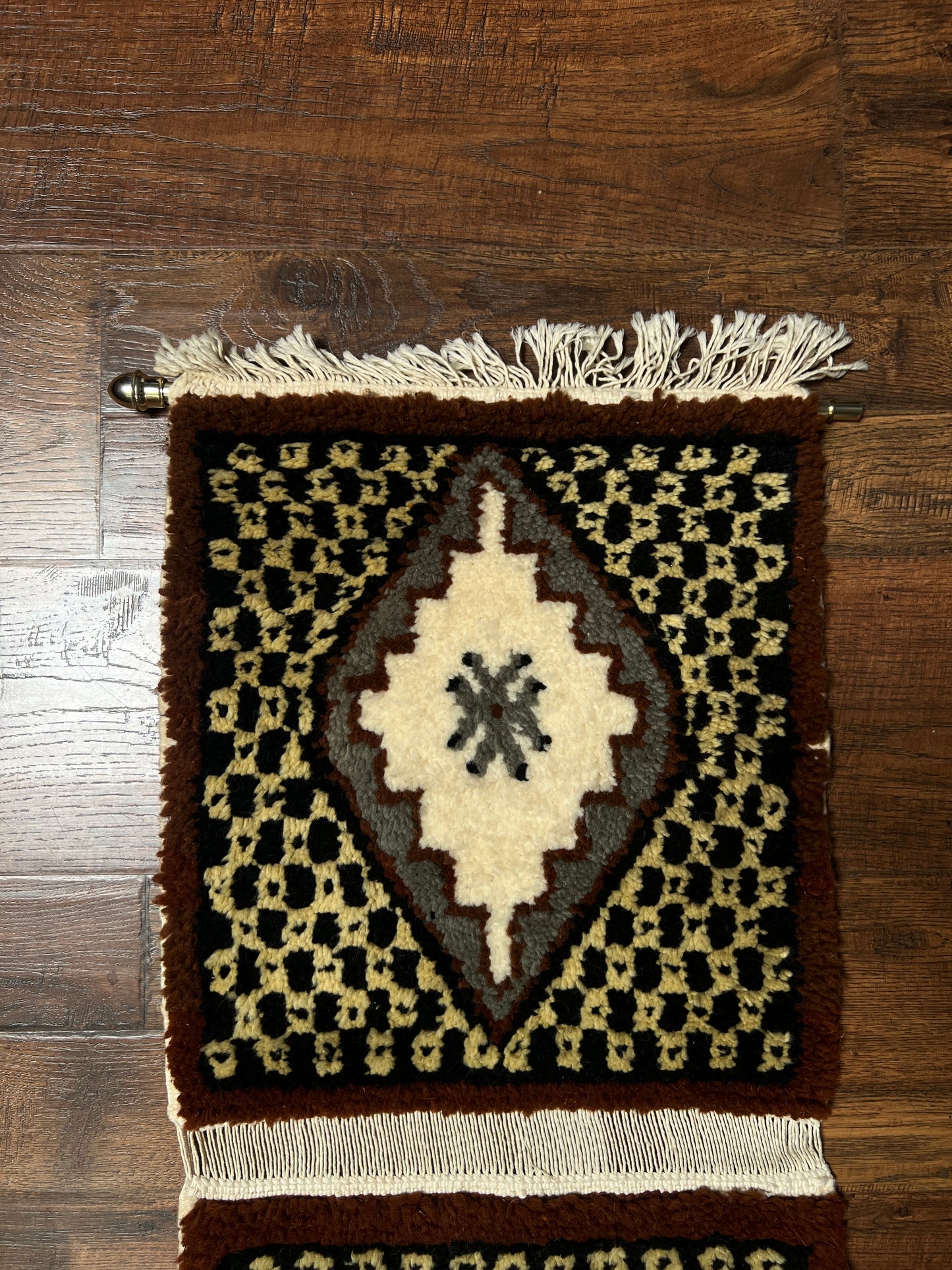 Vintage Wool Wall Hanging Crewel – Geometric Double Panel Tapestry with Fringe