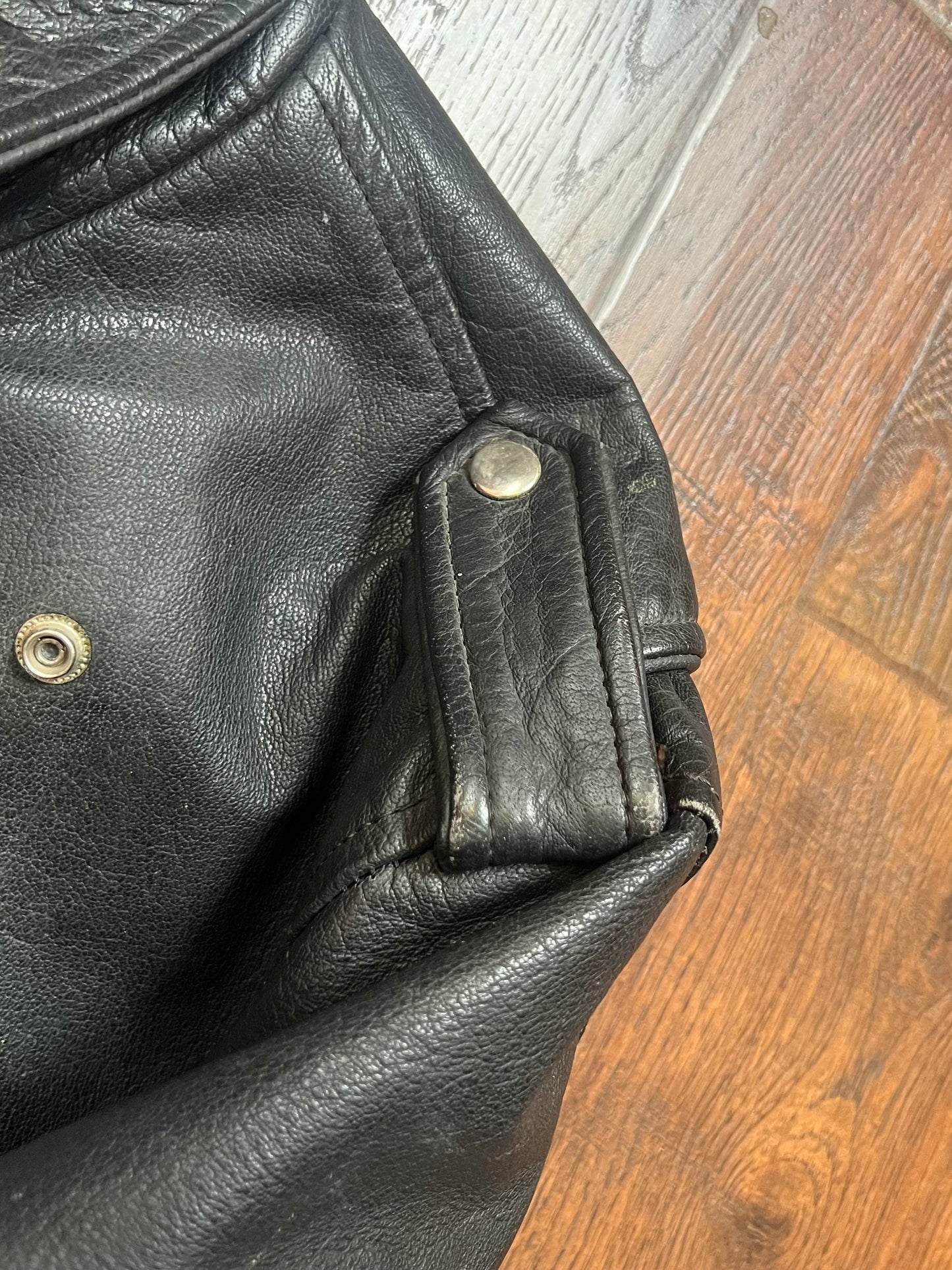 Vintage Clothing - Biker Jacket - First Genuine Leather - Black with Silver Hardware - Large