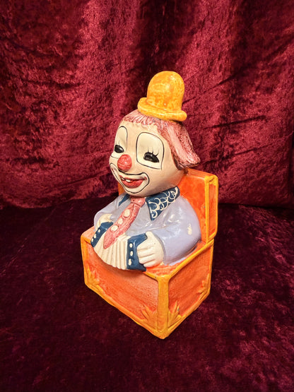 Vintage Clown Art - Whimsical Ceramic Figure - Jack in the Box Clown with Accordion Bank