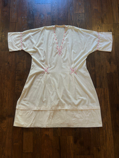 Vintage Handmade Cotton Linen Caftan - Pink Embroidered Boho Tunic Dress - Medium
