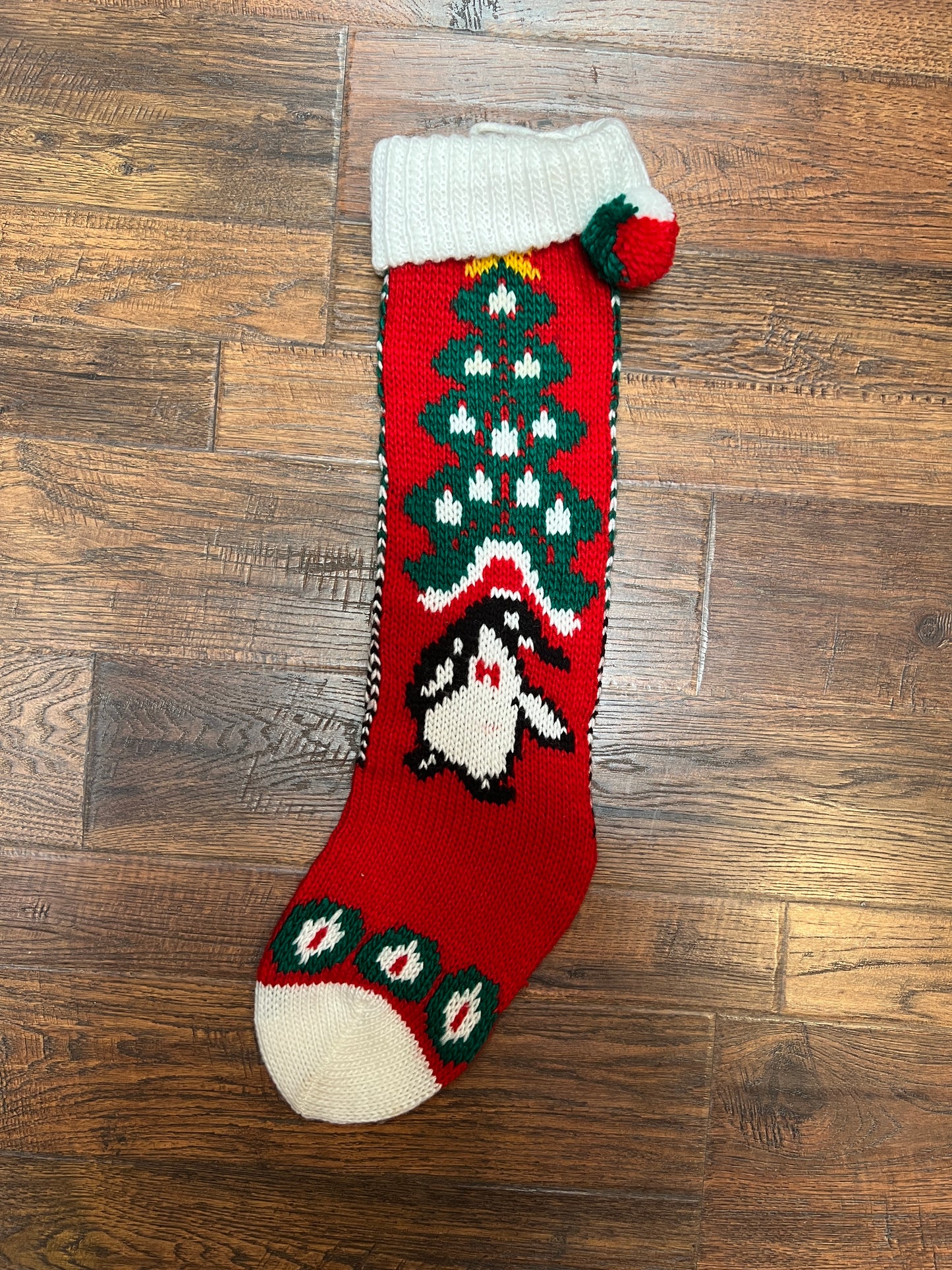 Vintage Christmas - Knit Stocking - Christmas Tree on Red