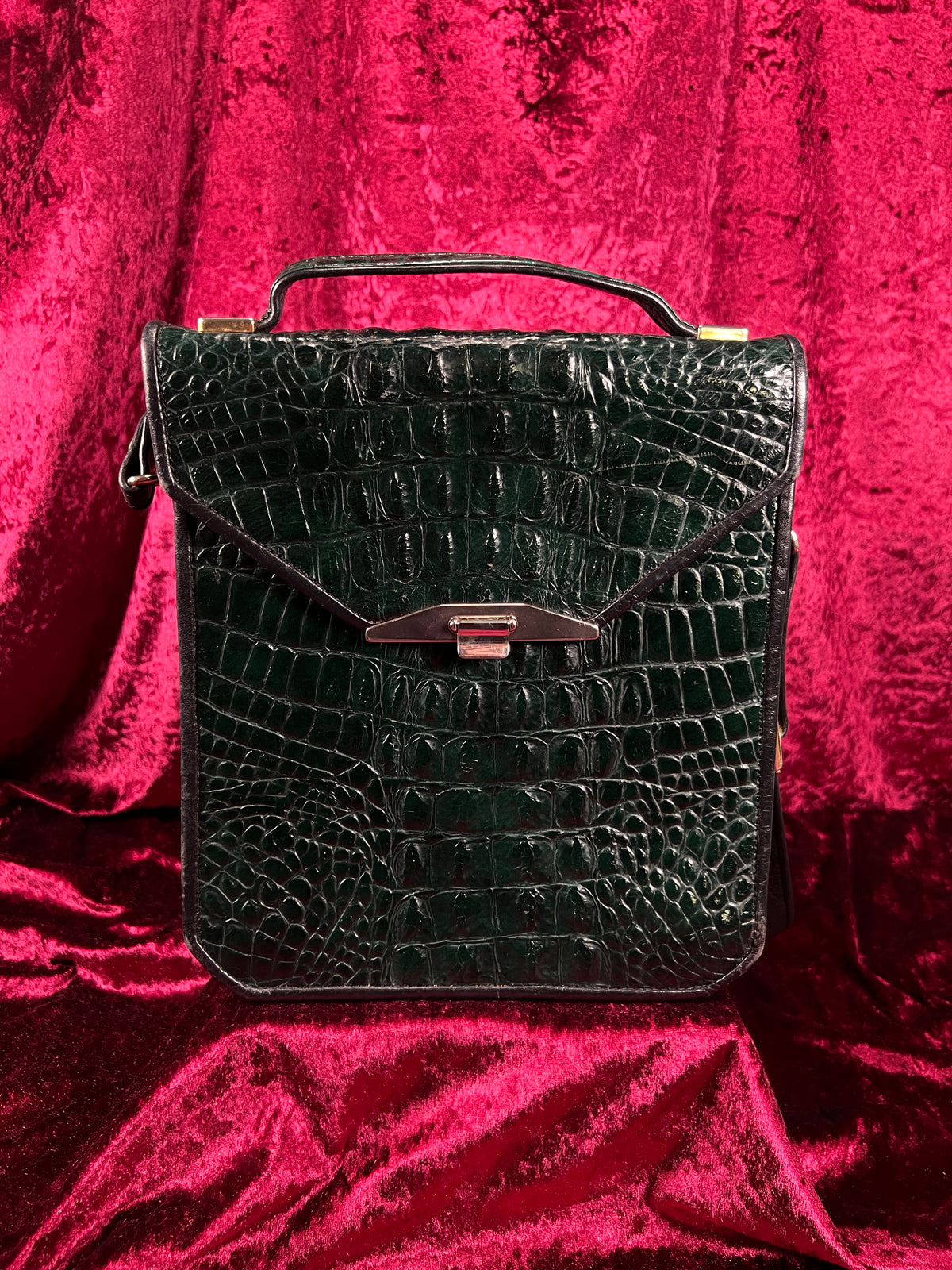 Vintage Emerald Green Leather Crossbody Bag - Croc Embossed Top Handle Purse