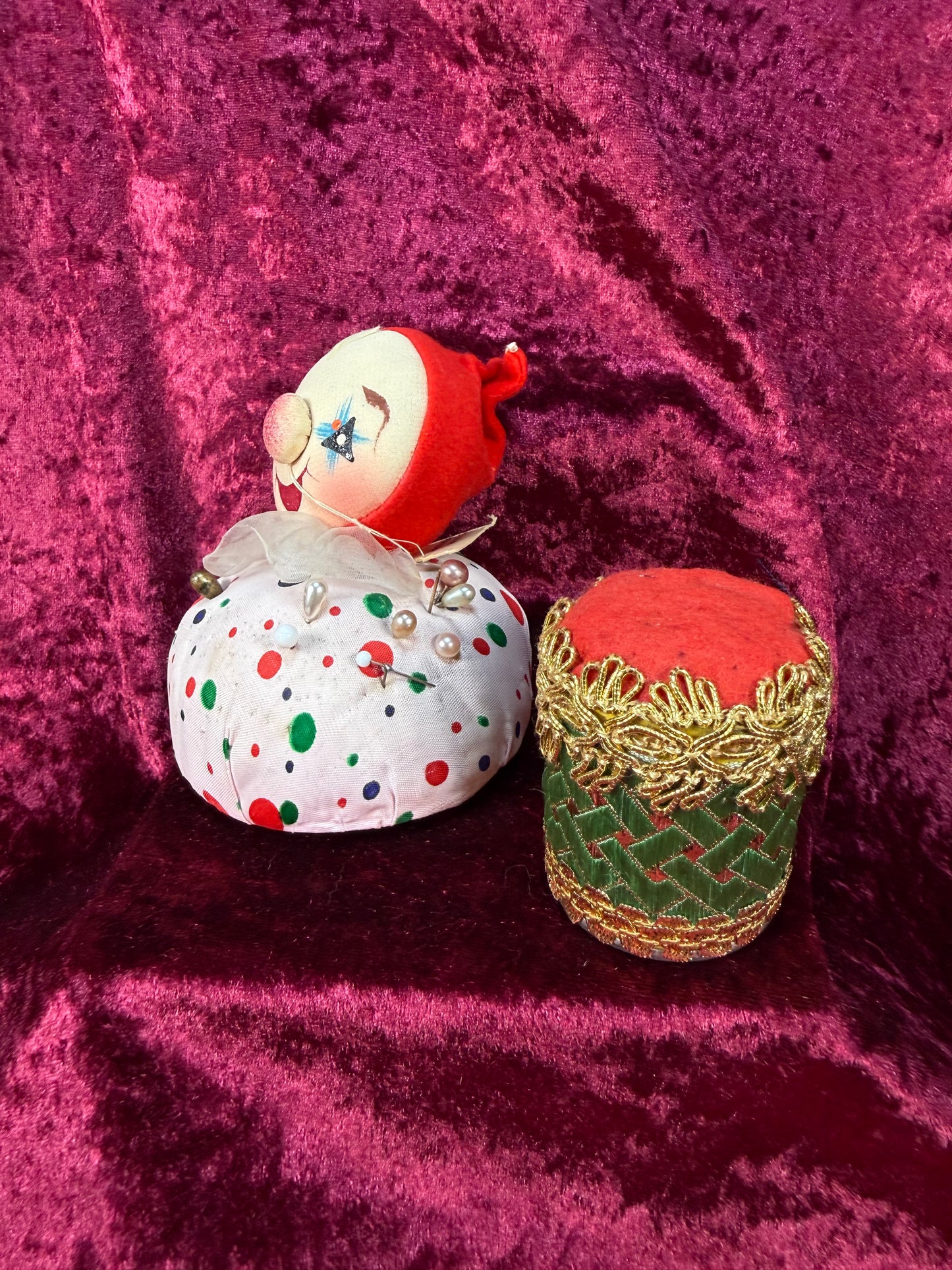 Vintage Pin Cushion Set – Mid Century Jester Clown and Drum - Tape Measure Nose
