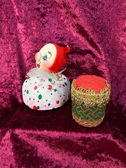 Vintage Pin Cushion Set – Mid Century Jester Clown and Drum - Tape Measure Nose