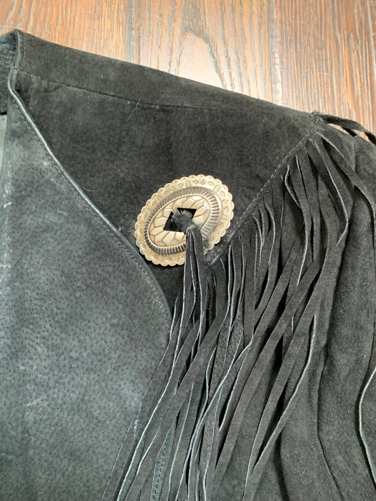 Vintage Bomber Jacket - Genuine Leather - Black Suede Fringe - Silver Conches - Scully - Large