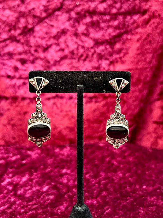 Vintage Jewelry - Dangle / Drop Earrings - 925 Silver - Art Deco Onyx and Marcasite