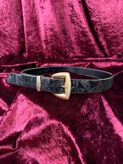 Vintage Accessories - Genuine Leather Belt - Hand Painted Leaves with Brass Hardware - M/L