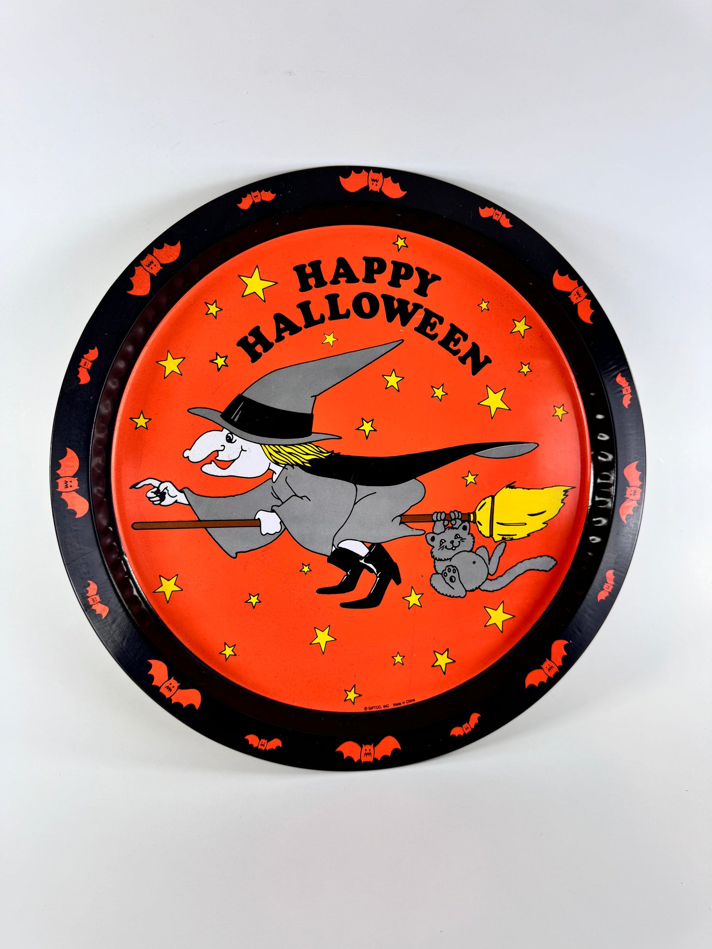 Vintage Giftco Inc. Metal Halloween Tray | Happy Halloween | Witch & Cat