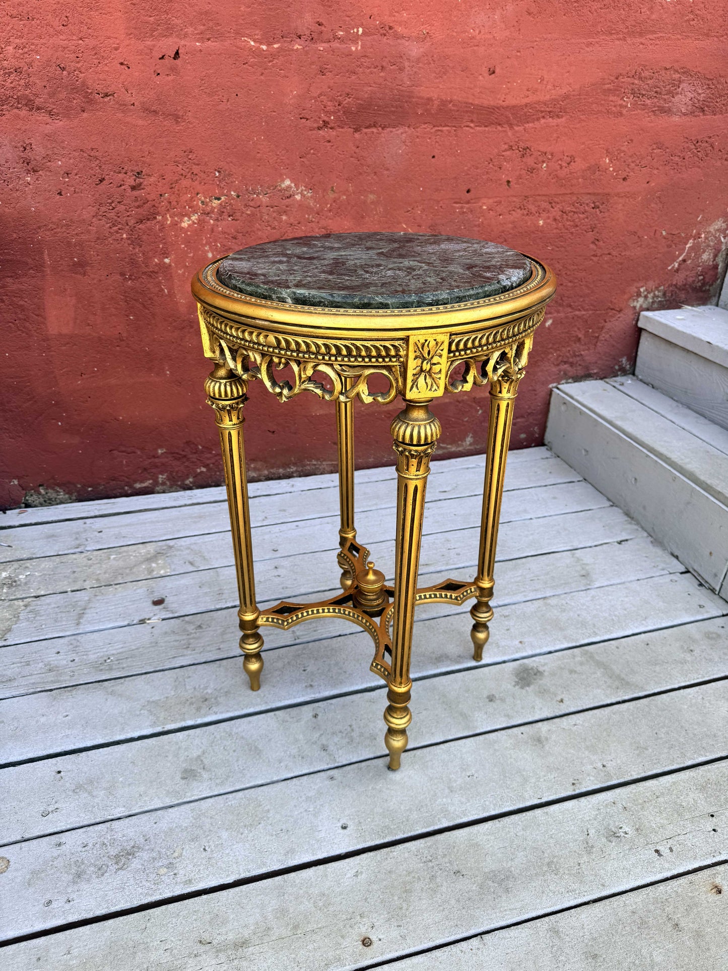 Antique Italian Baroque Gold Wood Accent Table with Black Marble Top