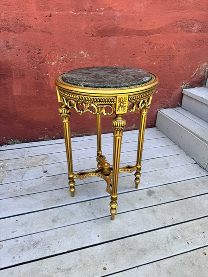 Antique Italian Baroque Gold Wood Accent Table with Black Marble Top