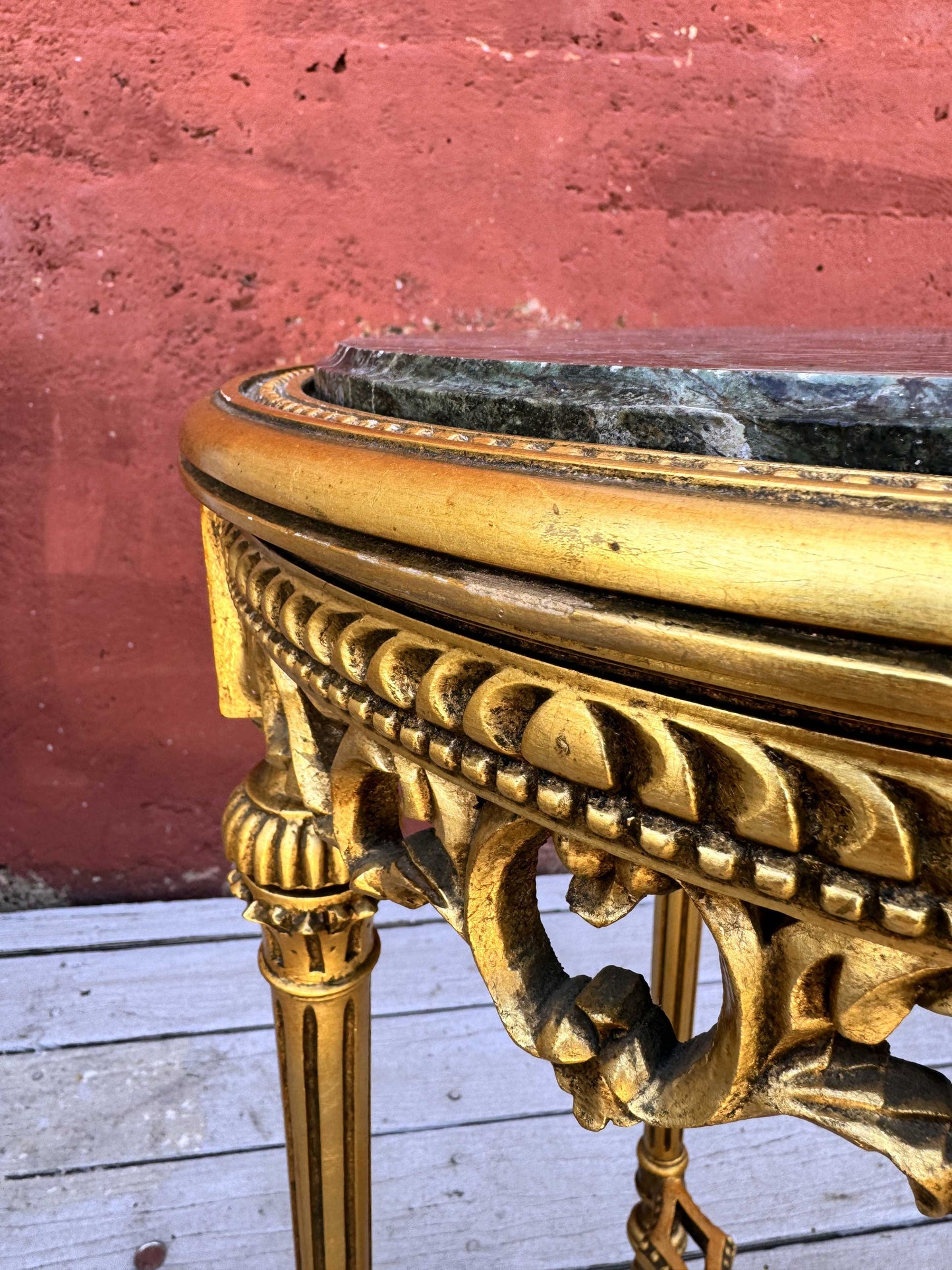 Antique Italian Baroque Gold Wood Accent Table with Black Marble Top