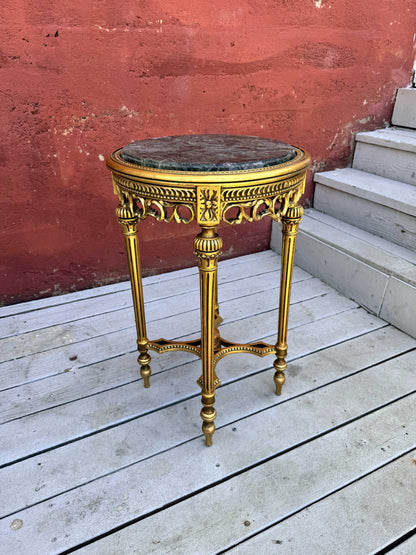 Antique Italian Baroque Gold Wood Accent Table with Black Marble Top