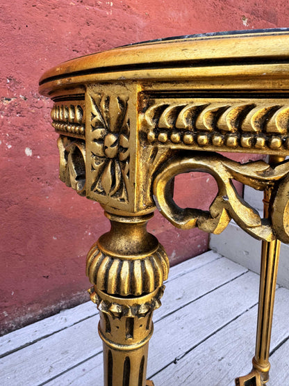 Antique Italian Baroque Gold Wood Accent Table with Black Marble Top