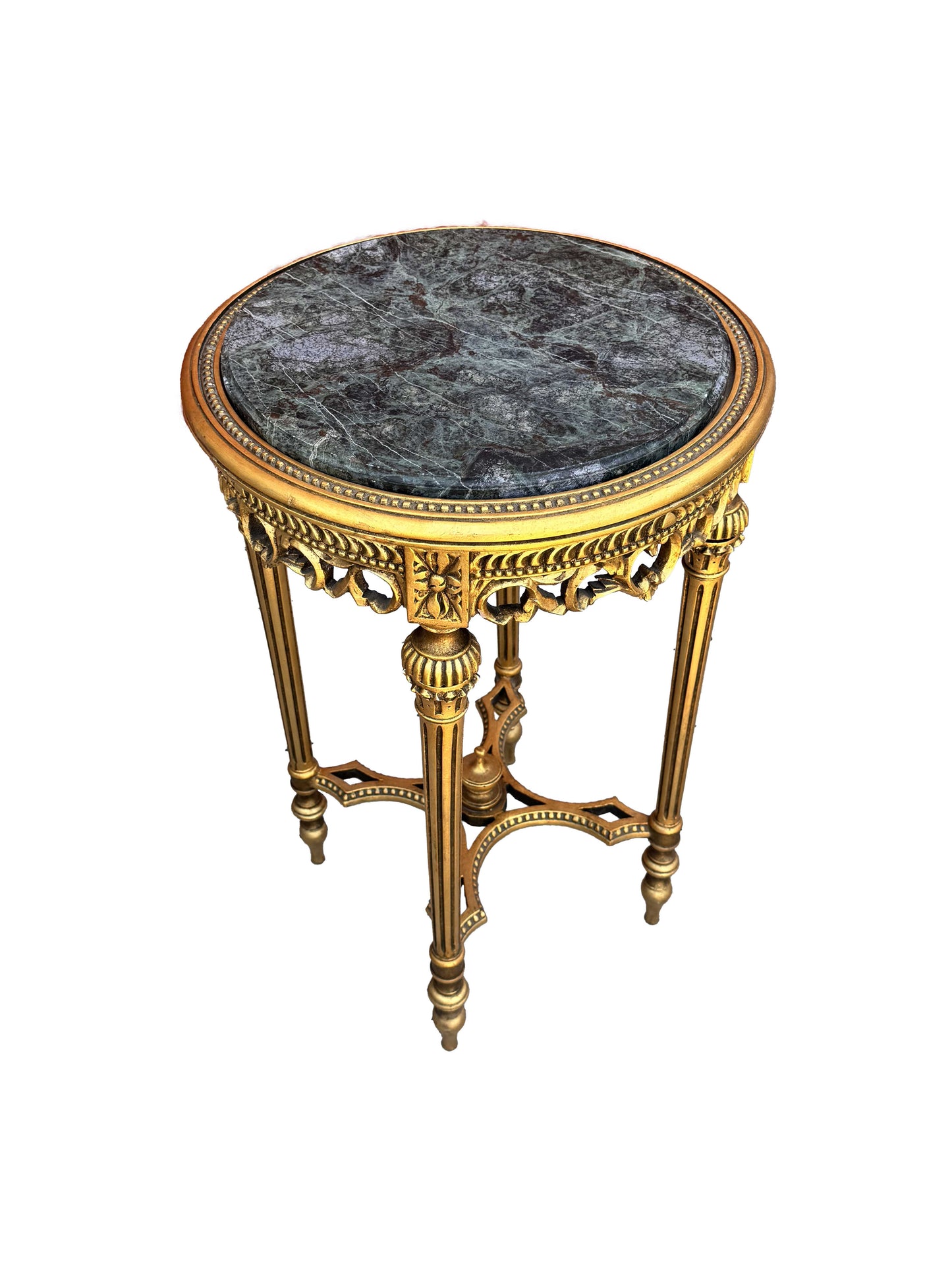 Antique Italian Baroque Gold Wood Accent Table with Black Marble Top