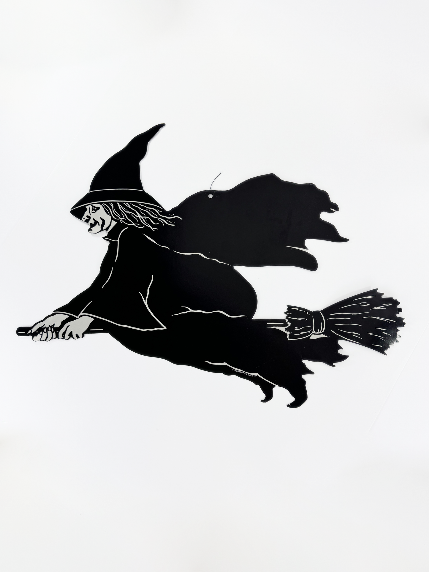 Vintage Halloween Die Cut - Black and White Witch on Broomstick - Rare Beistle Co. 1989