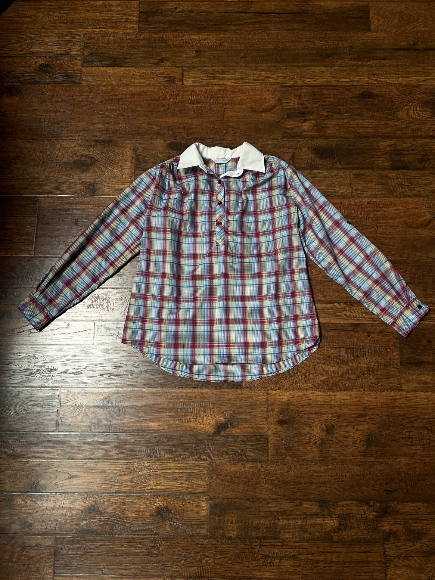 Vintage Miss Fashionability Plaid Blouse – Contrast White Collar Preppy Style – Medium